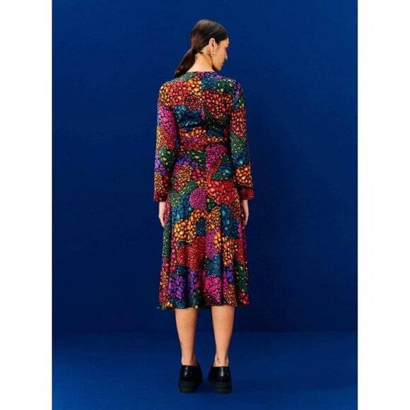 FARM Rio Midi Dress S Rainbow Hearts Lenzing Ecovero Viscose Ruching - Picture 3 of 11